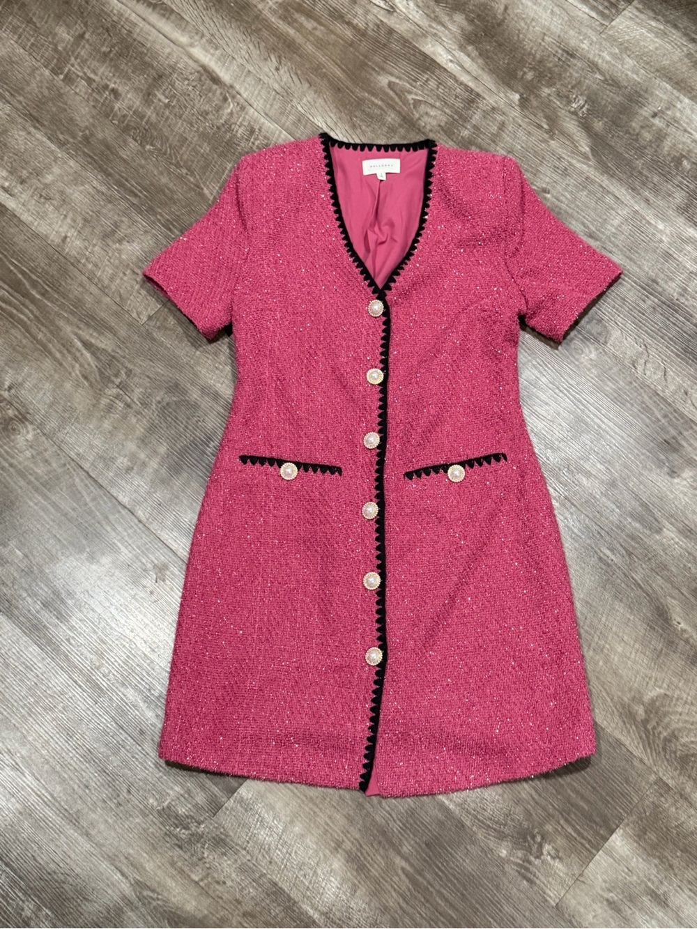 Melloday Tweed Short Sleeve Button Front Pink Dress  Womens Small